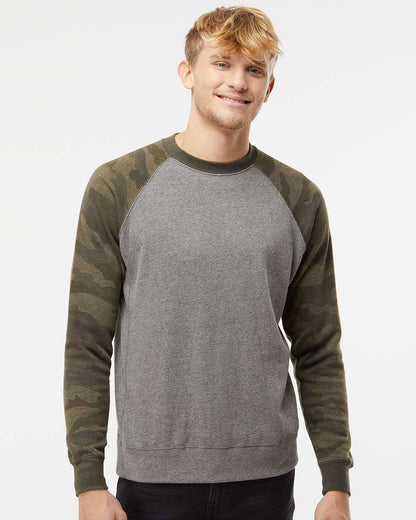 Independent Trading Co. Unisex Special Blend Raglan Crewneck Sweatshirt PRM30SBC #colormdl_Nickel Heather/ Forest Camo