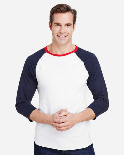LAT Men's Baseball Fine Jersey Three-Quarter Sleeve Tee 6930 #colormdl_White/ Navy/ Red