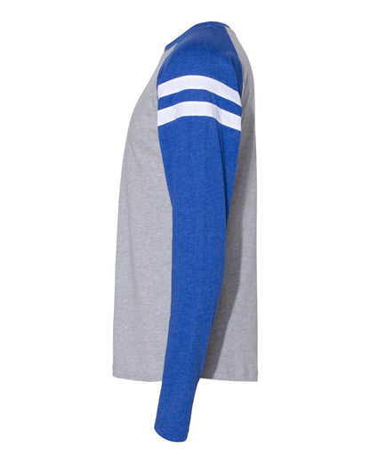 LAT Unisex Fine Jersey Mash Up Long Sleeve Tee 6934 #color_Vintage Heather/ Vintage Royal