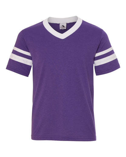 Augusta Sportswear Youth V-Neck Jersey with Striped Sleeves 361 #color_Purple/ White