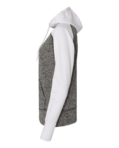 J. America Women’s Colorblocked Cosmic Fleece Hooded Sweatshirt 8618 #color_Charcoal Fleck/ White