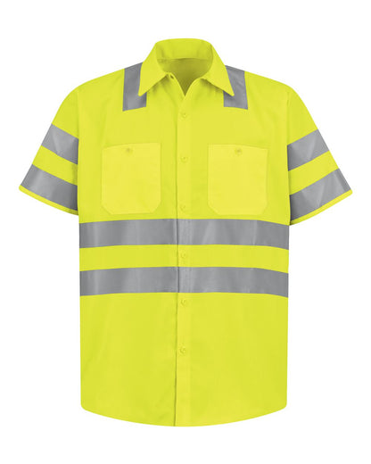 Red Kap Men's High Visibility Safety Short Sleeve Work Shirt SS24HV #color_AB-Fluorescent Yellow/ Green