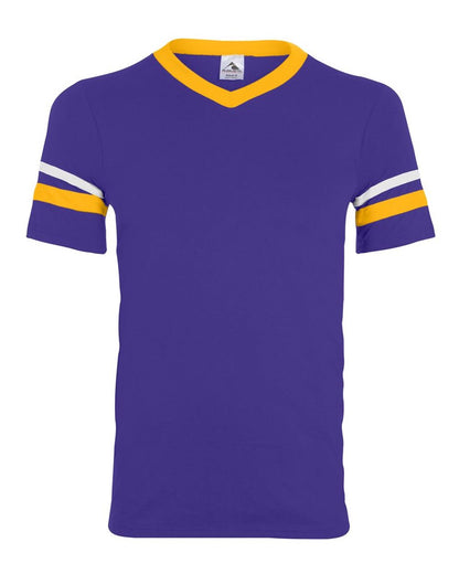 Augusta Sportswear V-Neck Jersey with Striped Sleeves 360 #color_Purple/ Gold/ White