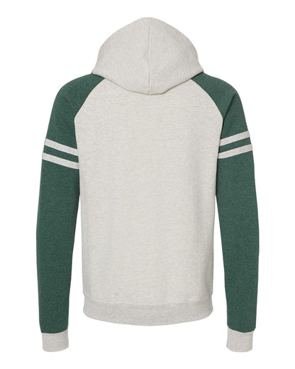 JERZEES Unisex Nublend® Varsity Colorblocked Raglan Hooded Sweatshirt 97CR #color_Oatmeal Heather/ Forest Green Heather