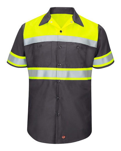 Red Kap Men's Hi-Visibility Colorblock Ripstop Short Sleeve Work Shirt SY80 #color_Fluorescent Yellow/ Charcoal
