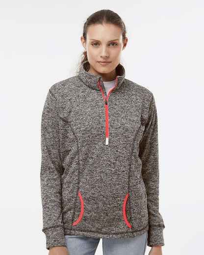 J. America Women's Cosmic Fleece Quarter-Zip Pullover 8617 #colormdl_Charcoal Fleck/ Fire Coral