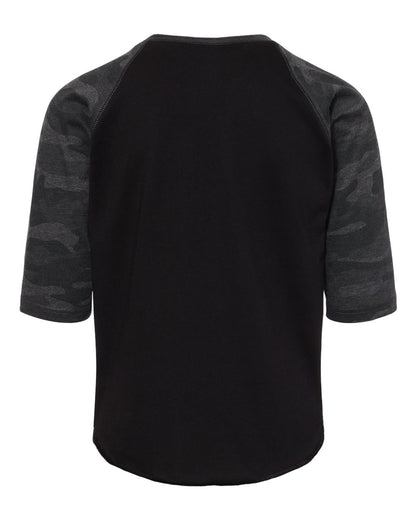 LAT Youth Baseball Fine Jersey Three-Quarter Sleeve Tee 6130 #color_Black/ Storm Camo