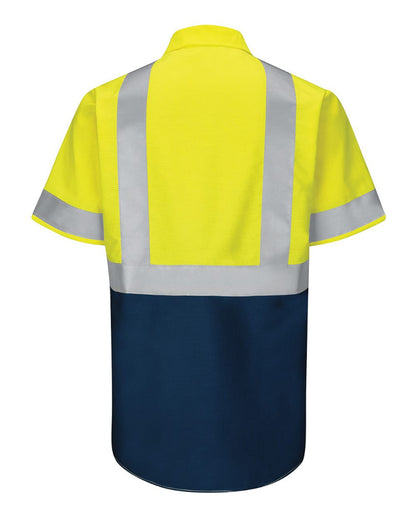 Red Kap Men's Enhanced & Hi-Visibility Work Shirt SY24 #color_Fluorescent Yellow/ Green/ Navy