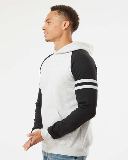 JERZEES Unisex Nublend® Varsity Colorblocked Raglan Hooded Sweatshirt 97CR #colormdl_Oatmeal Heather/ Black Ink