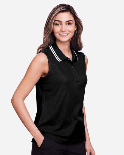 Devon & Jones Women's CrownLux Performance® Plaited Tipped Sleeveless Polo DG20SW #colormdl_Black/ White