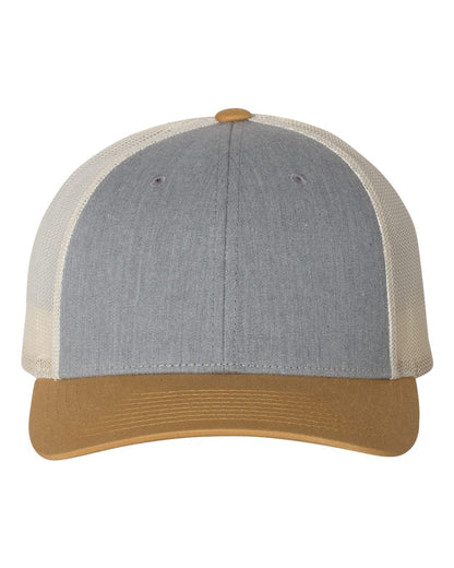 Richardson Low Pro Trucker Cap 115 #color_Heather Grey/ Birch/ Amber Gold