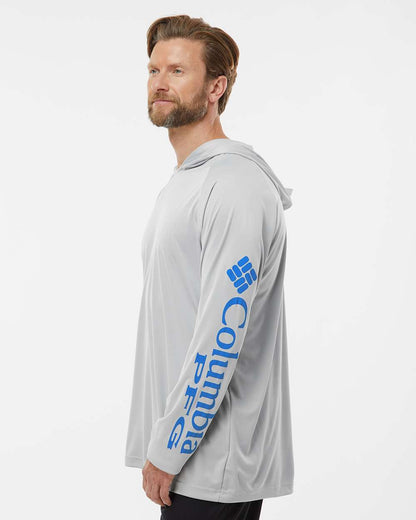 Columbia Unisex PFG Terminal Tackle™ Hooded Long Sleeve T-Shirt 212482 #colormdl_Cool Grey/ Vivid Blue