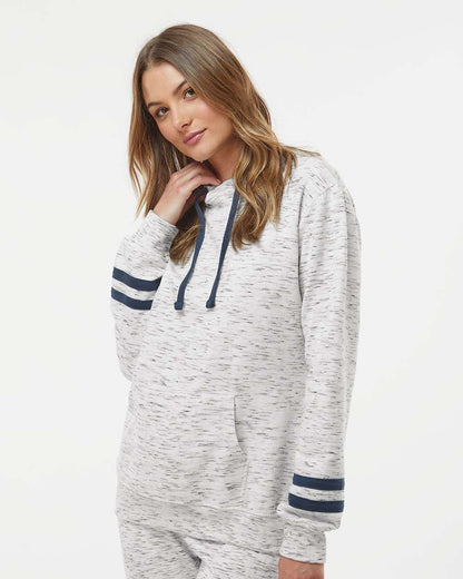 J. America Women’s Mélange Fleece Striped-Sleeve Hooded Sweatshirt 8674 #colormdl_White/ Navy