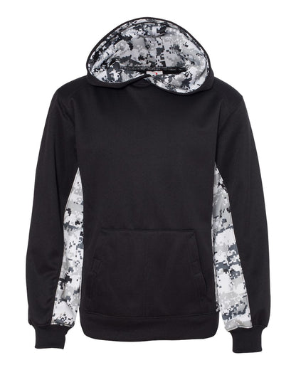 Badger Youth Digital Camo Colorblock Performance Fleece Hooded Sweatshirt 2464 #color_Black/ White