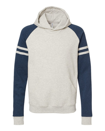 JERZEES Unisex Nublend® Varsity Colorblocked Raglan Hooded Sweatshirt 97CR #color_Oatmeal Heather/ Indigo Heather