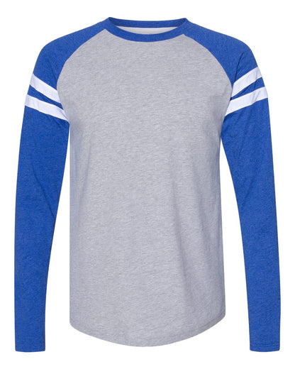 LAT Unisex Fine Jersey Mash Up Long Sleeve Tee 6934 #color_Vintage Heather/ Vintage Royal