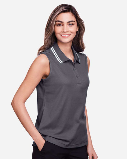 Devon & Jones Women's CrownLux Performance® Plaited Tipped Sleeveless Polo DG20SW #colormdl_Graphite/ White