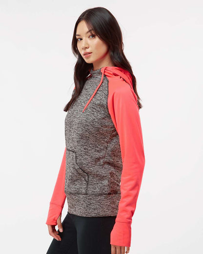 J. America Women’s Colorblocked Cosmic Fleece Hooded Sweatshirt 8618 #colormdl_Charcoal Fleck/ Fire Coral