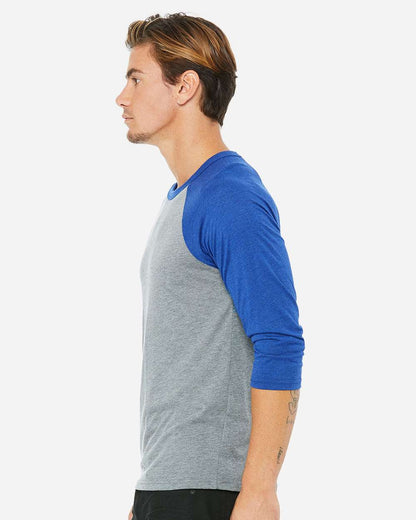 BELLA + CANVAS Unisex Three-Quarter Sleeve Baseball Tee 3200 #colormdl_Grey/ True Royal Triblend