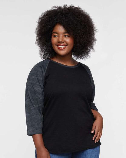 LAT Women's Baseball Fine Jersey Three-Quarter Sleeve Tee 3530 #colormdl_Black/ Storm Camo