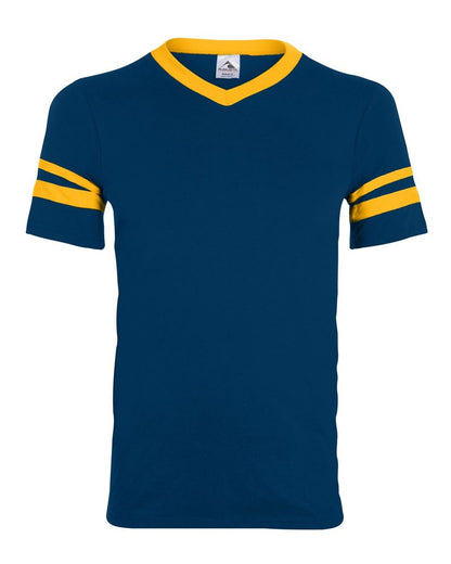 Augusta Sportswear V-Neck Jersey with Striped Sleeves 360 #color_Navy/ Gold