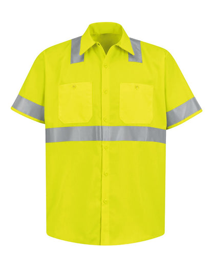 Red Kap Men's High Visibility Safety Short Sleeve Work Shirt SS24HV #color_HV-Fluorescent Yellow/ Green