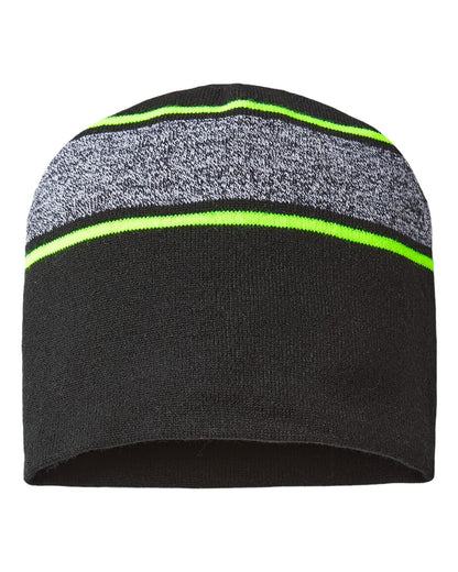 CAP AMERICA USA-Made Variegated Striped Beanie RKV9 #color_Black/ Neon Yellow