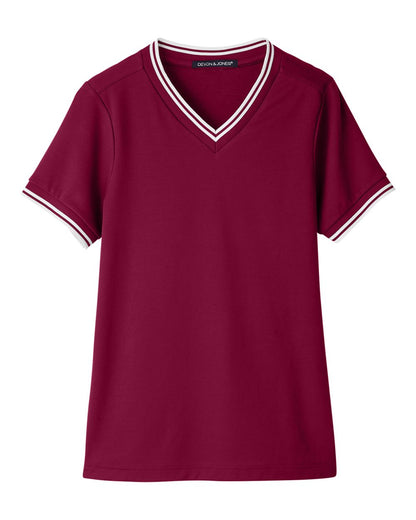 Devon & Jones Women's CrownLux Performance® Plaited Tipped V-Neck Shirt DG20CW #color_Burgundy/ White