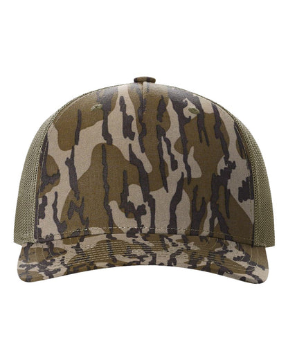 Richardson Five-Panel Printed Trucker Cap 112PFP #color_Mossy Oak Bottomland/ Loden
