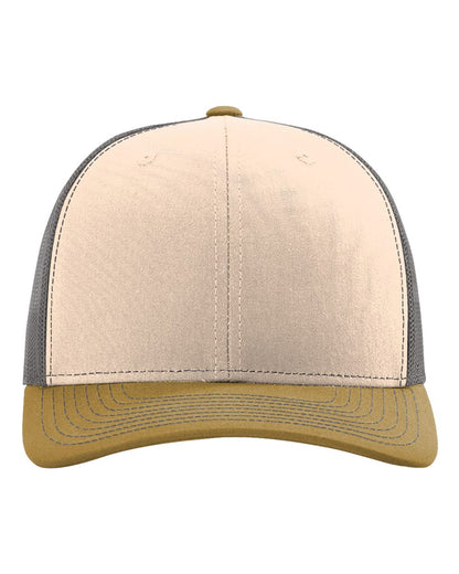 Richardson Snapback Trucker Cap 112 #color_Mink Beige/ Charcoal/ Amber Gold