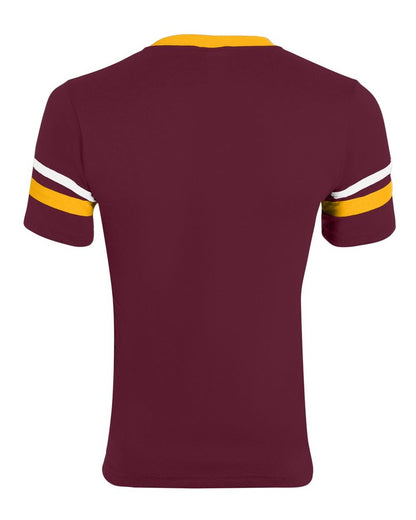 Augusta Sportswear V-Neck Jersey with Striped Sleeves 360 #color_Maroon/ Gold/ White