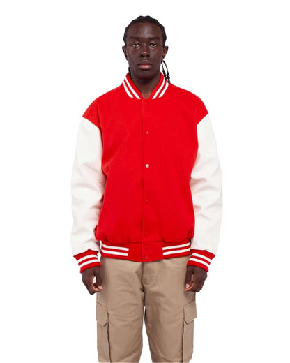 Shaka Wear Men's Letterman Jacket SHLLJ #colormdl_Red/ White