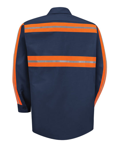 Red Kap Men's Industrial Enhanced-Visibility Long Sleeve Work Shirt SP14E #color_Navy/ Orange Trim