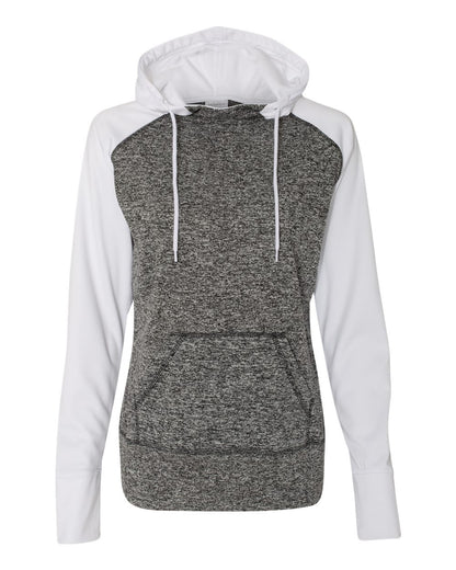 J. America Women’s Colorblocked Cosmic Fleece Hooded Sweatshirt 8618 #color_Charcoal Fleck/ White