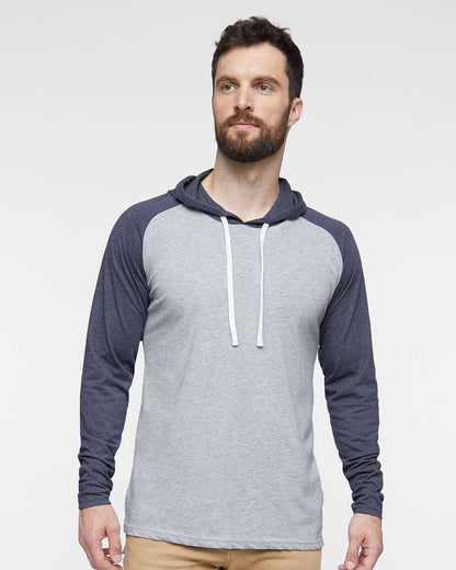 LAT Men's Fine Jersey Hooded Long Sleeve Raglan T-Shirt 6917 #colormdl_Vintage Heather/ Vintage Navy/ White
