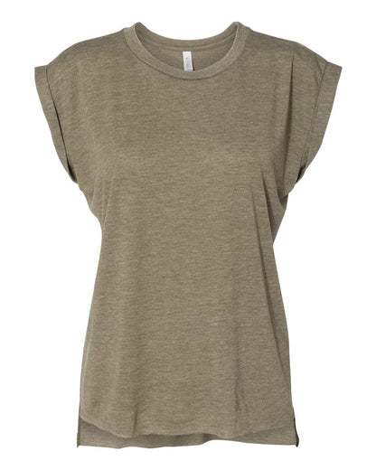 BELLA + CANVAS Women’s Flowy Rolled Cuffs Muscle Tee 8804 #color_Heather Olive