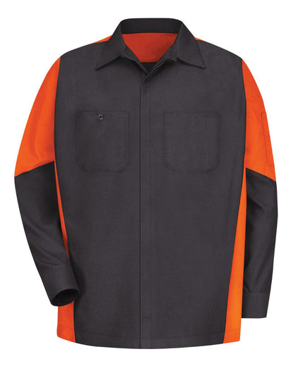 Red Kap Men's Tall Long Sleeve Automotive Crew Shirt SY10T #color_Charcoal/ Orange