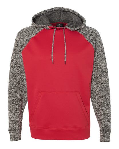 J. America Men's Colorblocked Cosmic Fleece Hooded Sweatshirt 8612 #color_Red/ Charcoal Fleck