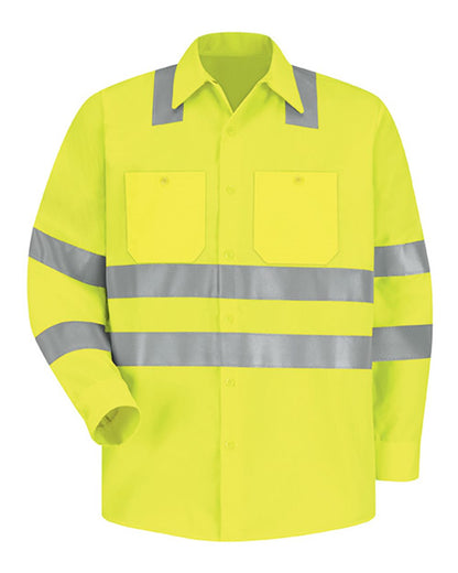 Red Kap Men's High Visibility Safety Long Sleeve Work Shirt SS14HV #color_AB-Fluorescent Yellow/ Green