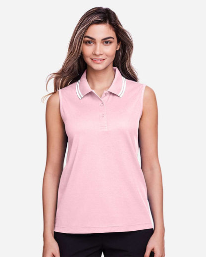 Devon & Jones Women's CrownLux Performance® Plaited Tipped Sleeveless Polo DG20SW #colormdl_Pink/ White