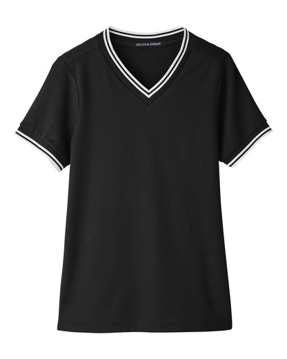 Devon & Jones Women's CrownLux Performance® Plaited Tipped V-Neck Shirt DG20CW #color_Black/ White