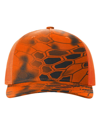 Richardson Five-Panel Printed Trucker Cap 112PFP #color_Kryptek Inferno/ Blaze Orange