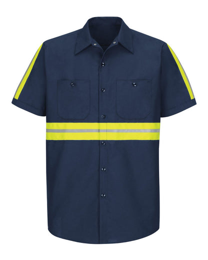 Red Kap Men's Tall Enhanced Visibility Industrial Work Shirt SP24ET #color_Navy/ Yellow Trim