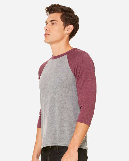 BELLA + CANVAS Unisex Three-Quarter Sleeve Baseball Tee 3200 #colormdl_Grey/ Maroon Triblend