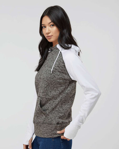 J. America Women’s Colorblocked Cosmic Fleece Hooded Sweatshirt 8618 #colormdl_Charcoal Fleck/ White