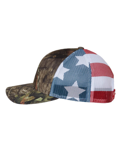 Richardson Printed Mesh Trucker Cap 112PM #color_Mossy Oak Break-Up Country/ Stars &amp; Stripes
