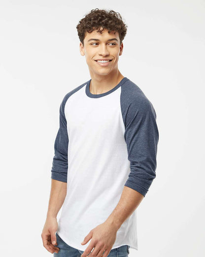 Tultex Unisex Fine Jersey Raglan T-Shirt 245 #colormdl_White/ Heather Denim