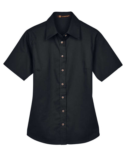 Harriton Women's Easy Blend™ Short Sleeve Twill Dress Shirt with Stain-Release M500SW #color_Black
