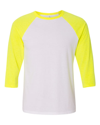 BELLA + CANVAS Three-Quarter Sleeve Baseball Tee 3200 #color_White/ Neon Yellow