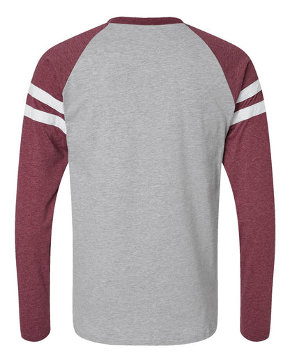 LAT Unisex Fine Jersey Mash Up Long Sleeve Tee 6934 #color_Vintage Heather/ Vintage Burgundy